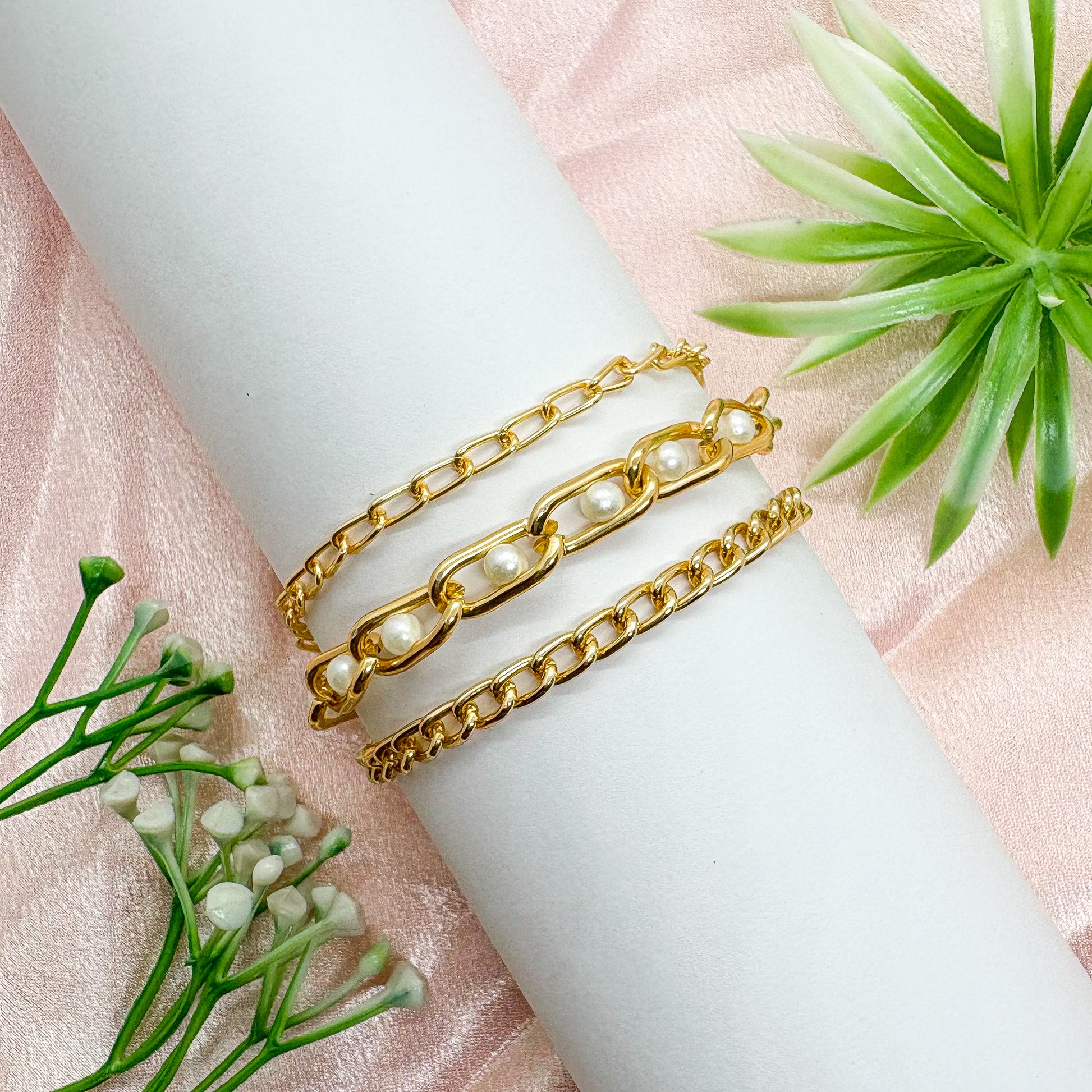 Triple Layered Pearl Link Chain Bracelet