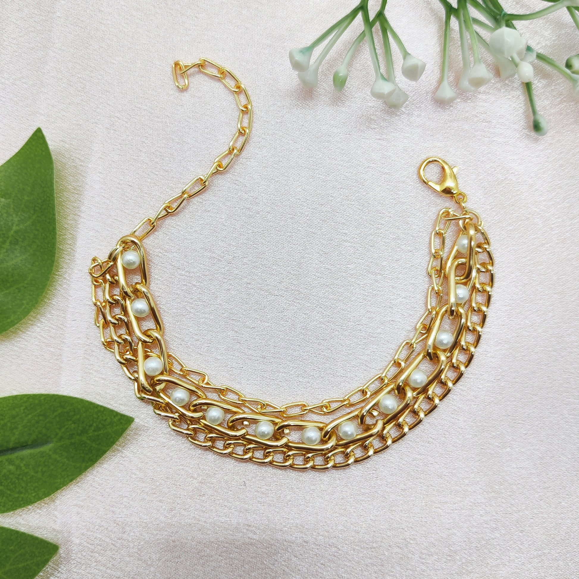 Triple Layered Pearl Link Chain Bracelet