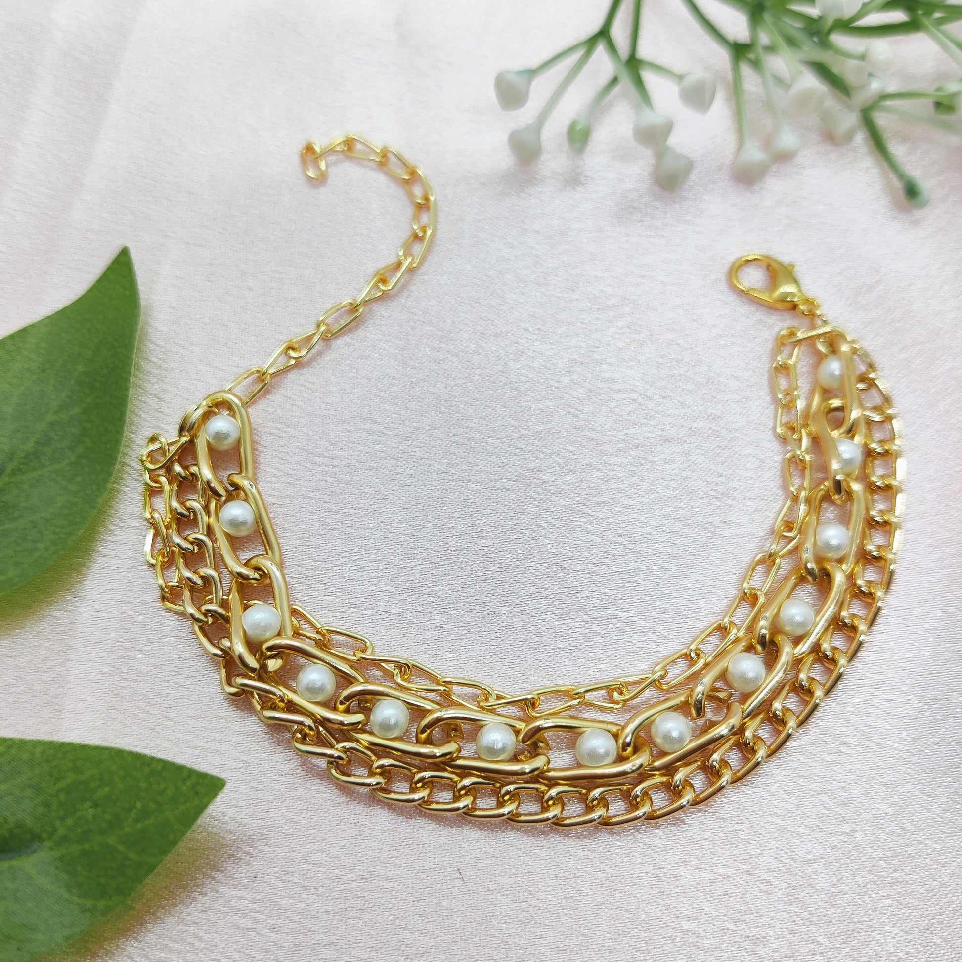Triple Layered Pearl Link Chain Bracelet