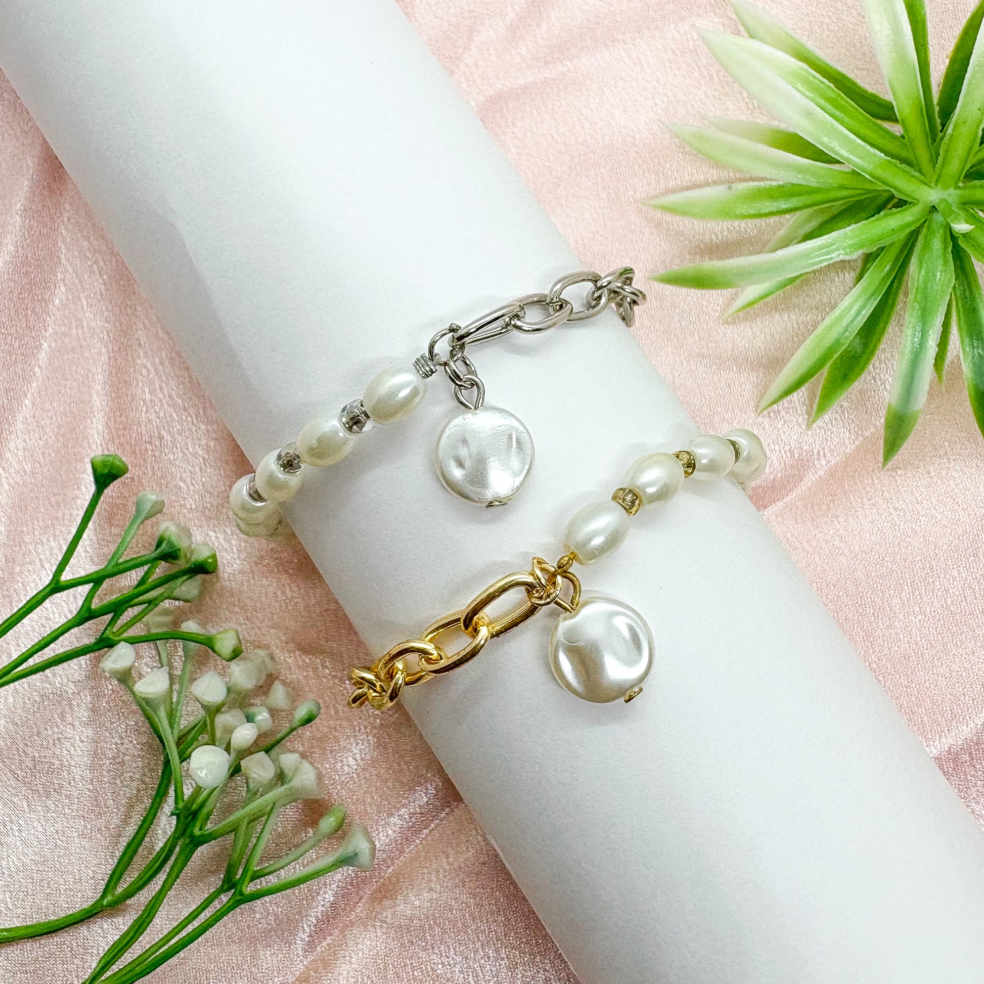 Half Pearl Half Chain Bracelet