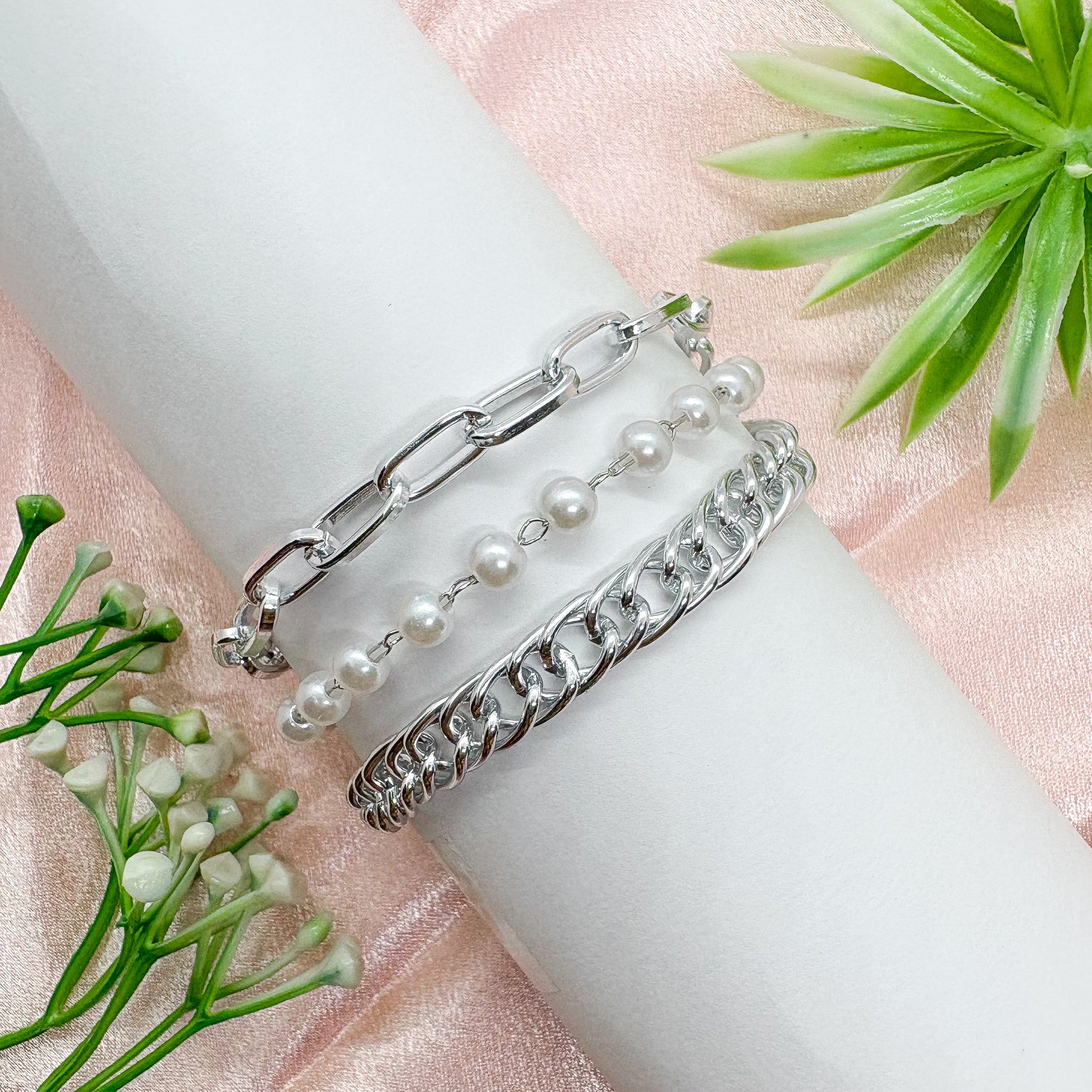 Chunky Triple Layered Pearl Link Silver Chain Bracelet