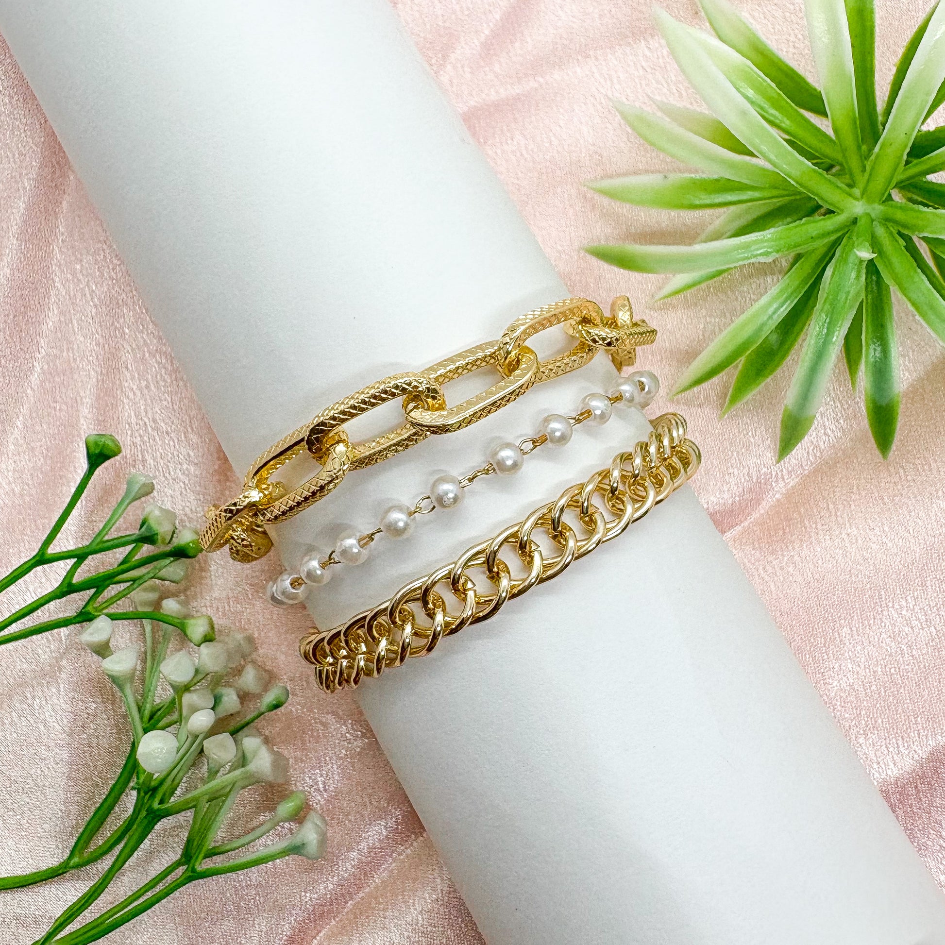 Chunky Triple Layered Pearl Link Golden Chain Bracelet