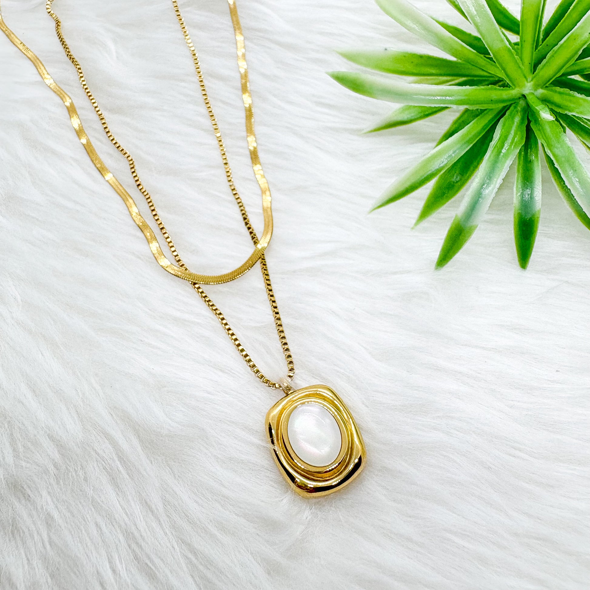 White Stone Layered Necklace – Snake & Sleek Chain