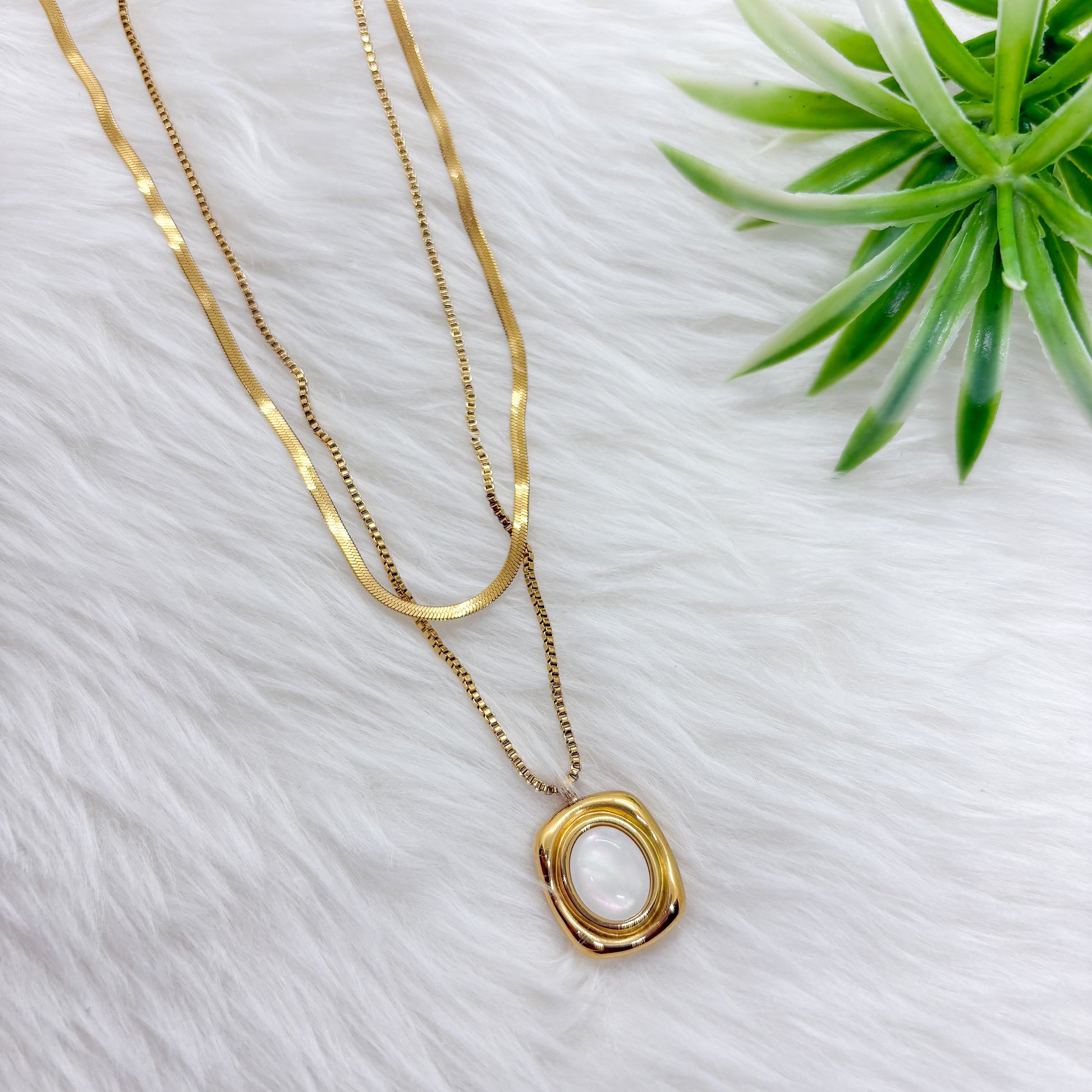 White Stone Layered Necklace – Snake & Sleek Chain