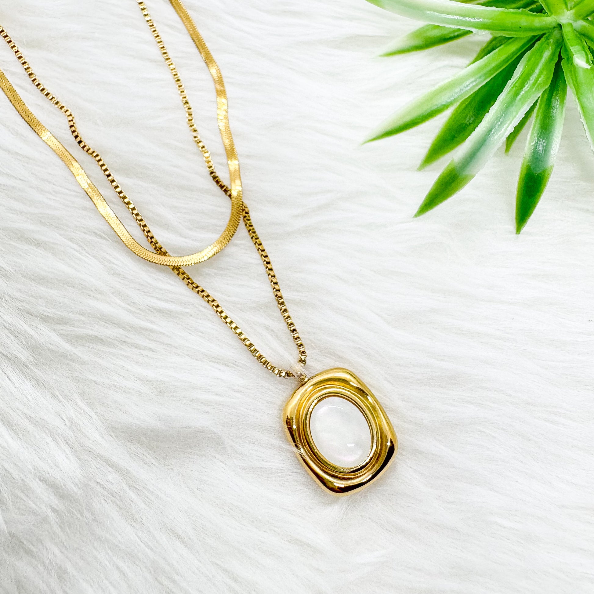 White Stone Layered Necklace – Snake & Sleek Chain