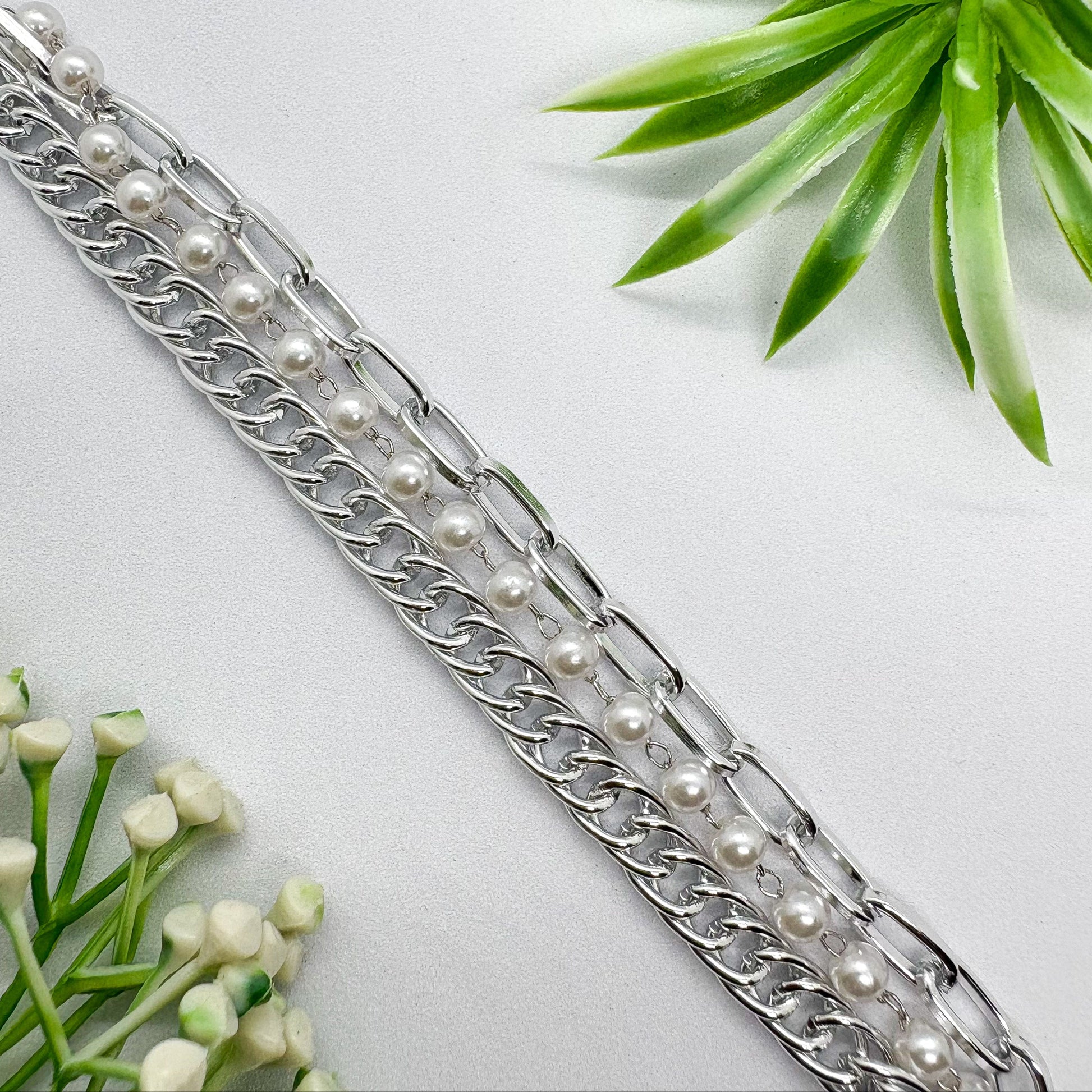 Chunky Triple Layered Pearl Link Silver Chain Bracelet