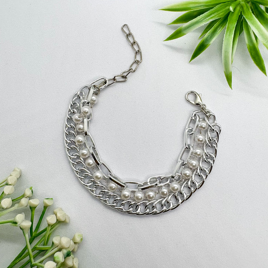 Chunky Triple Layered Pearl Link Silver Chain Bracelet