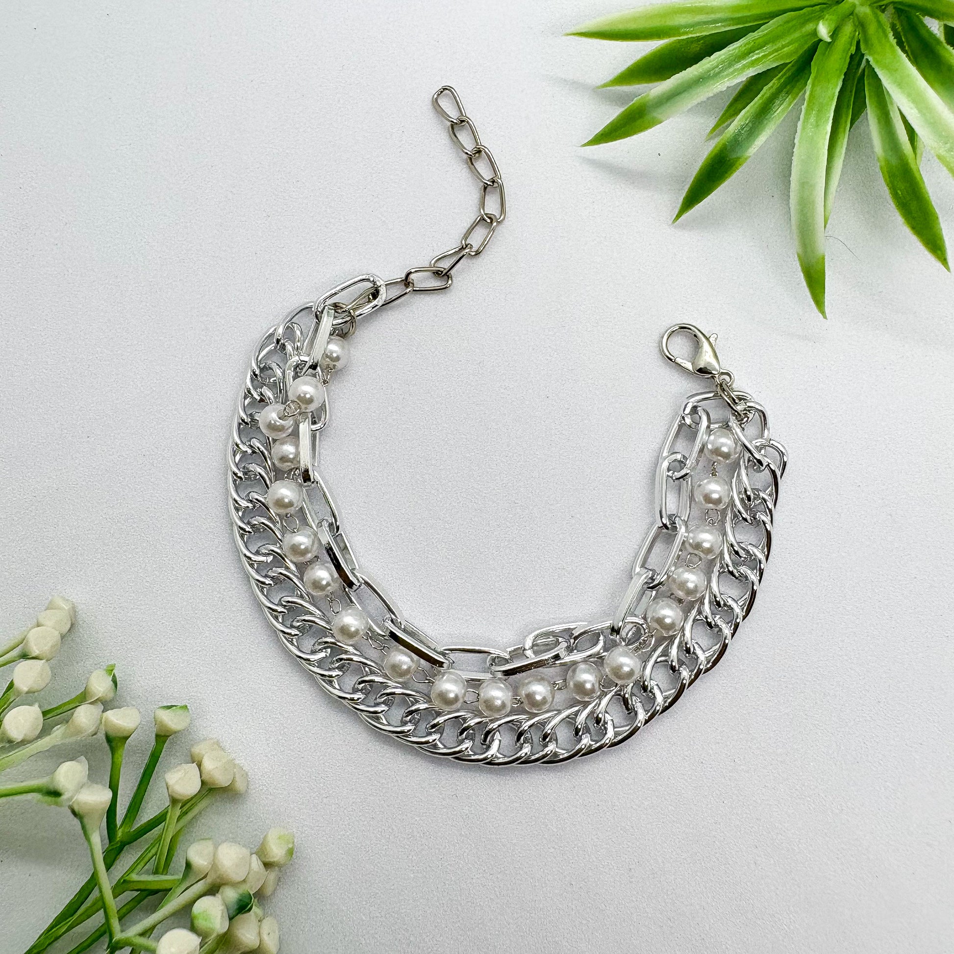 Chunky Triple Layered Pearl Link Silver Chain Bracelet