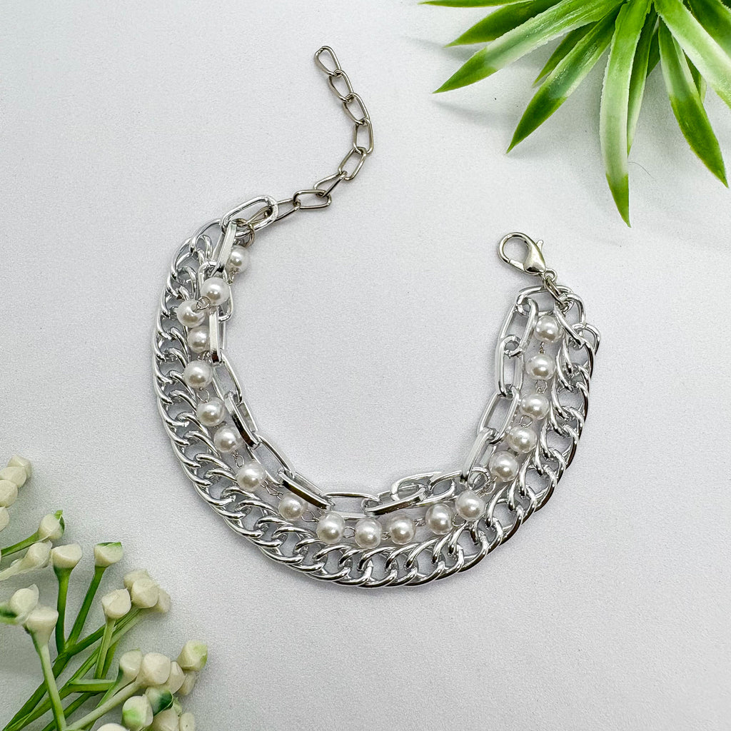 Chunky Triple Layered Pearl Link Silver Chain Bracelet
