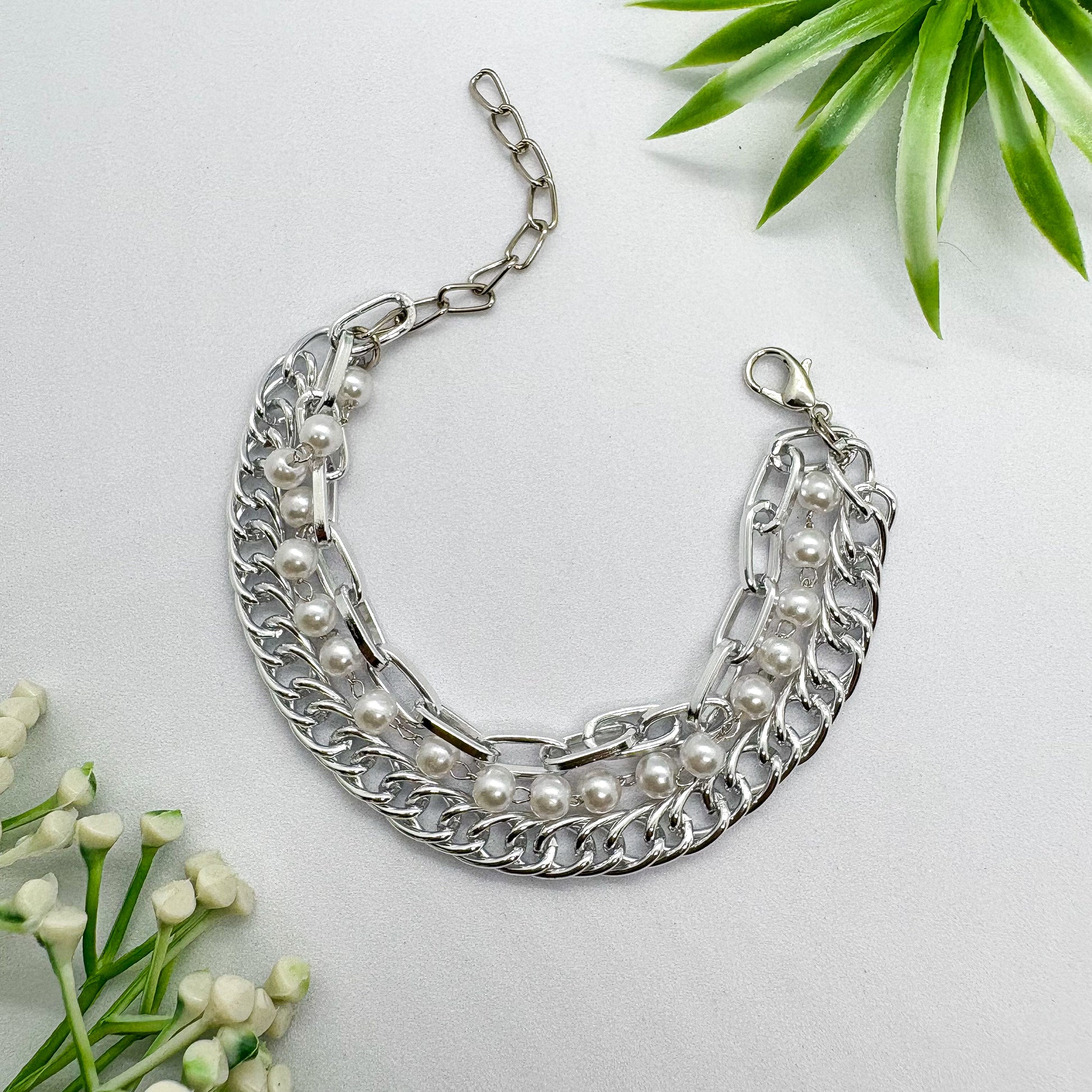 Chunky Triple Layered Pearl Link Silver Chain Bracelet