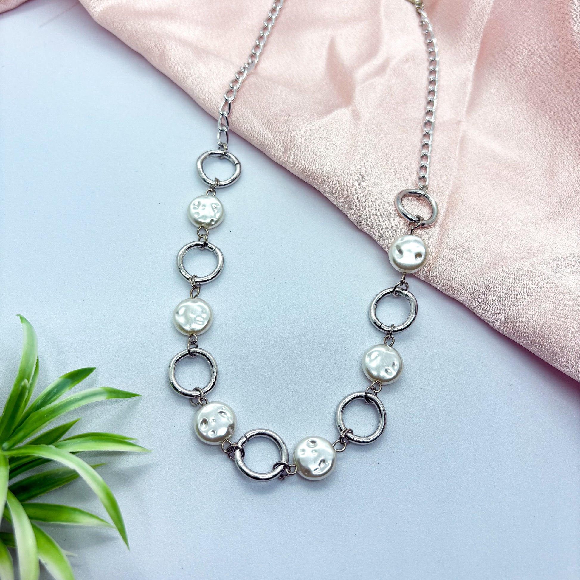Pearl Coin Circular Link Silver Necklace
