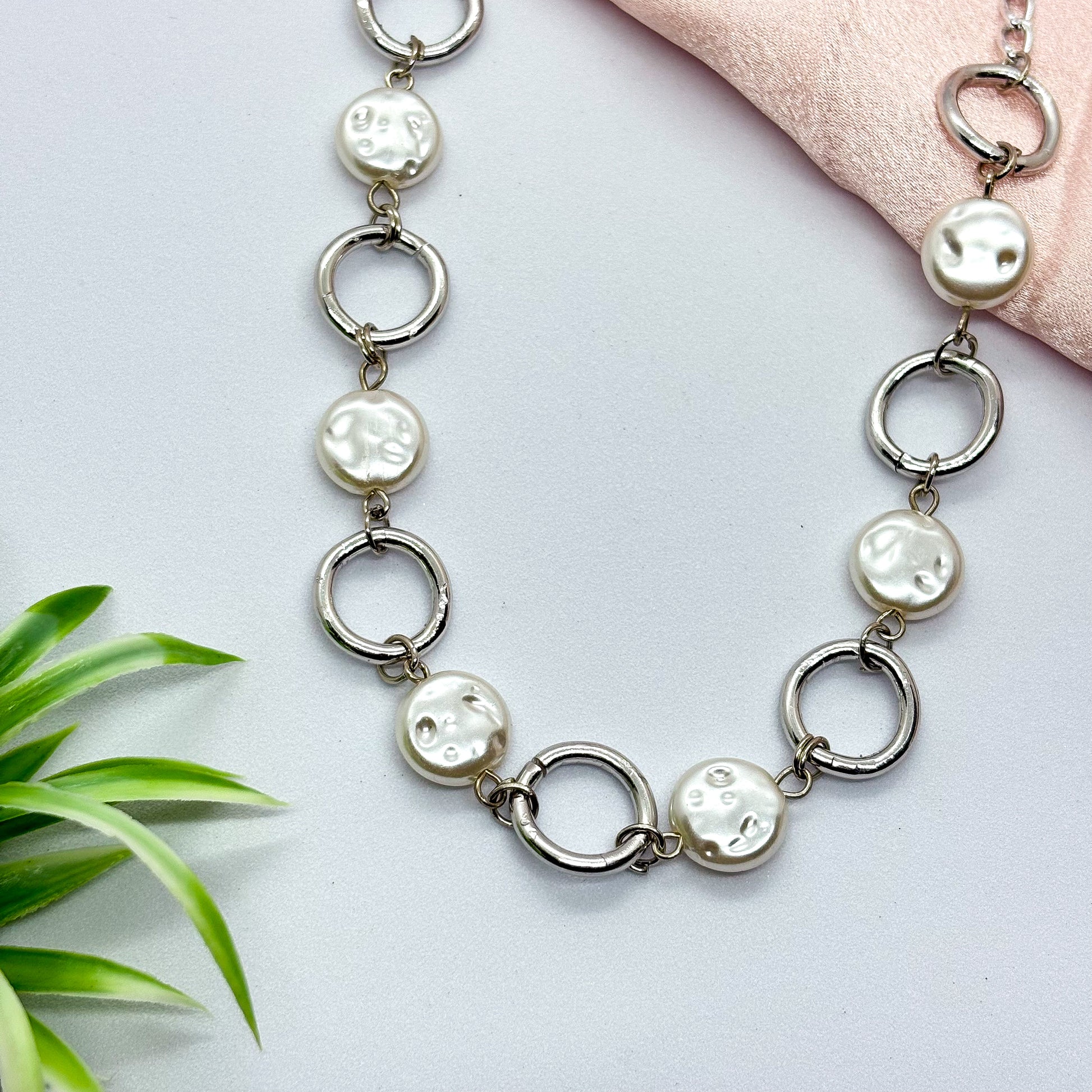 Pearl Coin Circular Link Silver Necklace