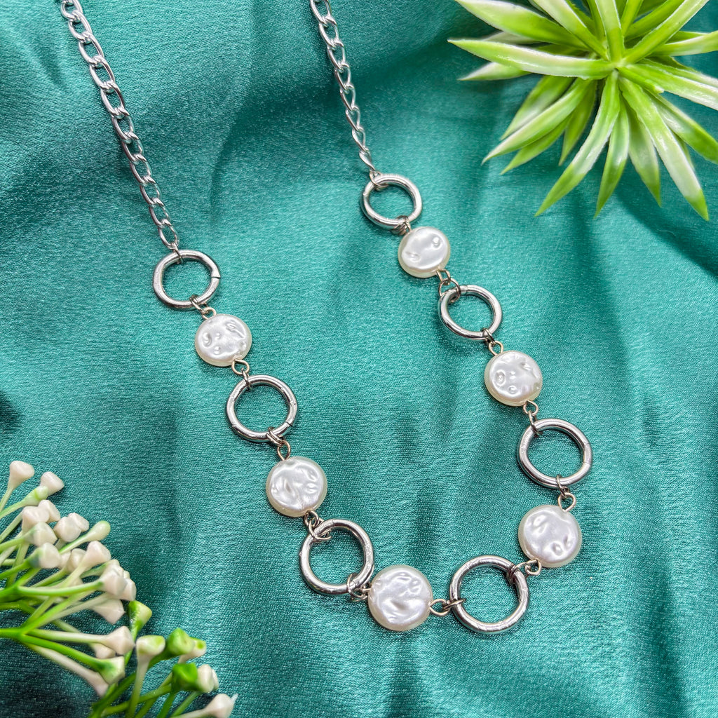 Pearl Coin Circular Link Silver Necklace