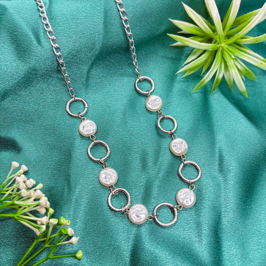 Pearl Coin Circular Link Silver Necklace