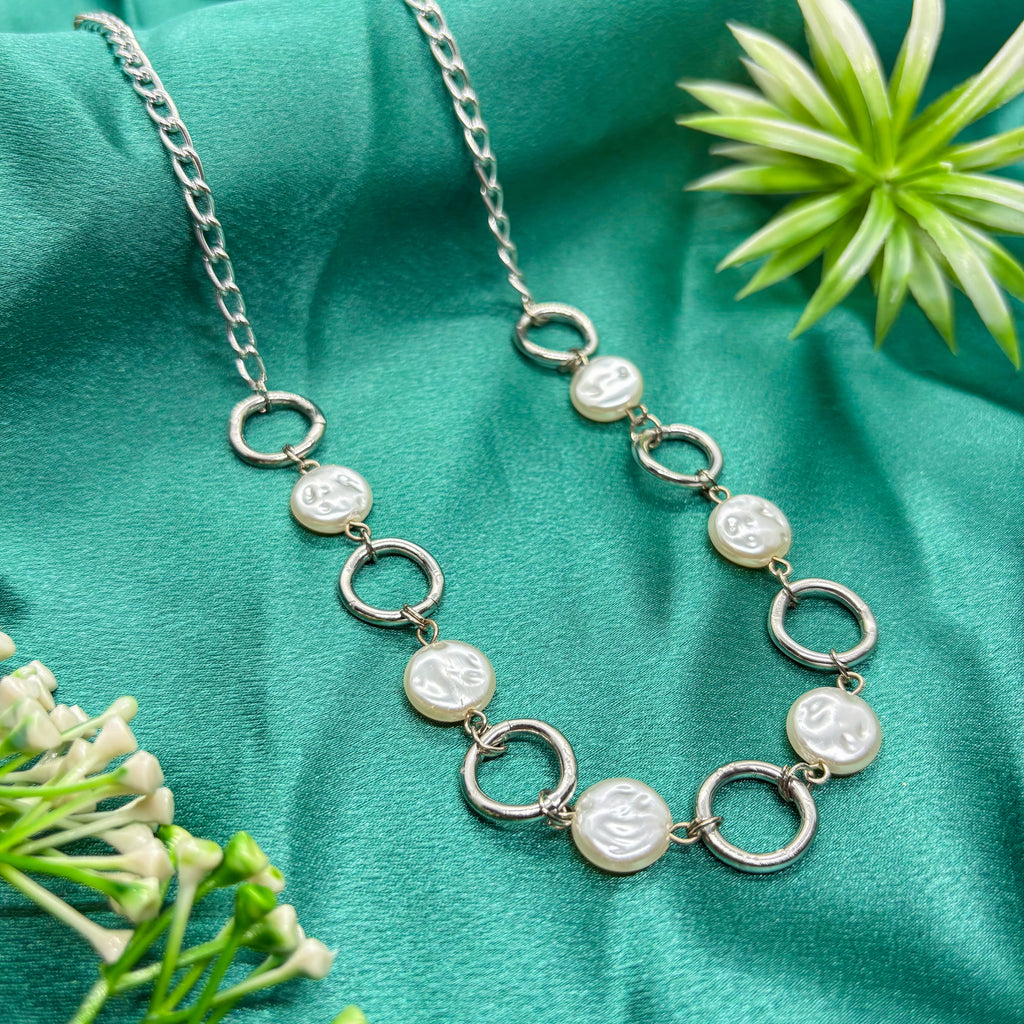 Pearl Coin Circular Link Silver Necklace