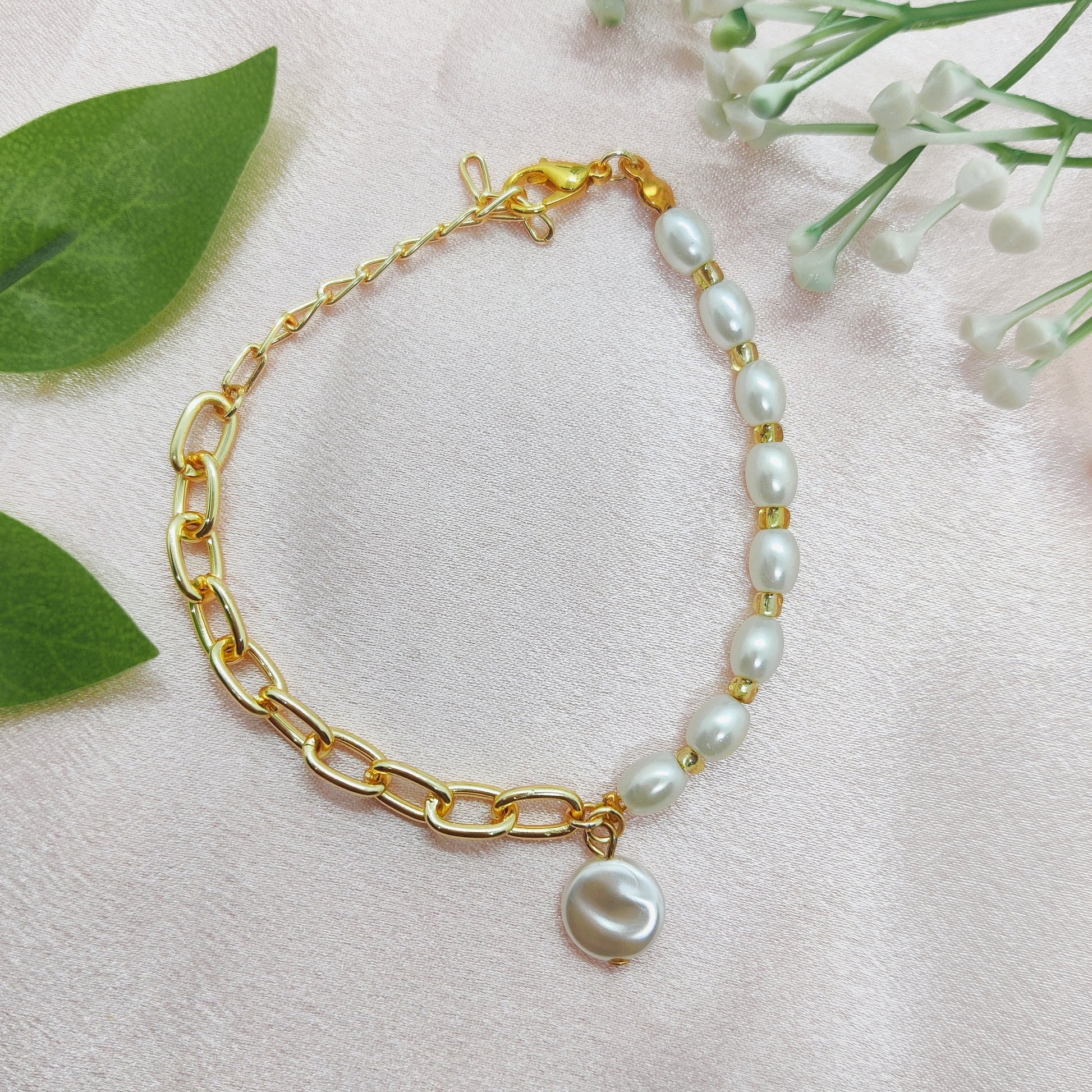 Half Pearl Half Chain Bracelet
