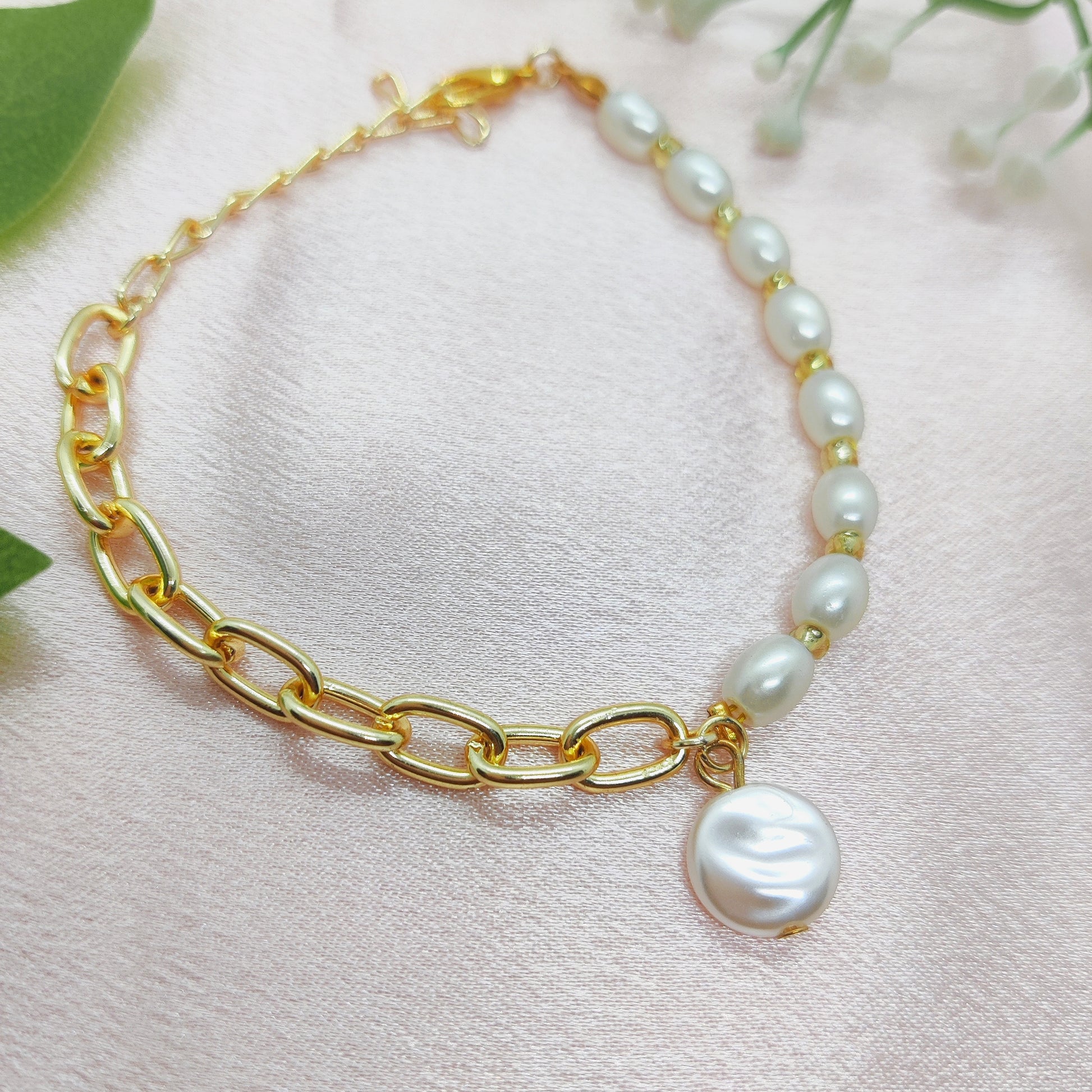 Half Pearl Half Chain Bracelet