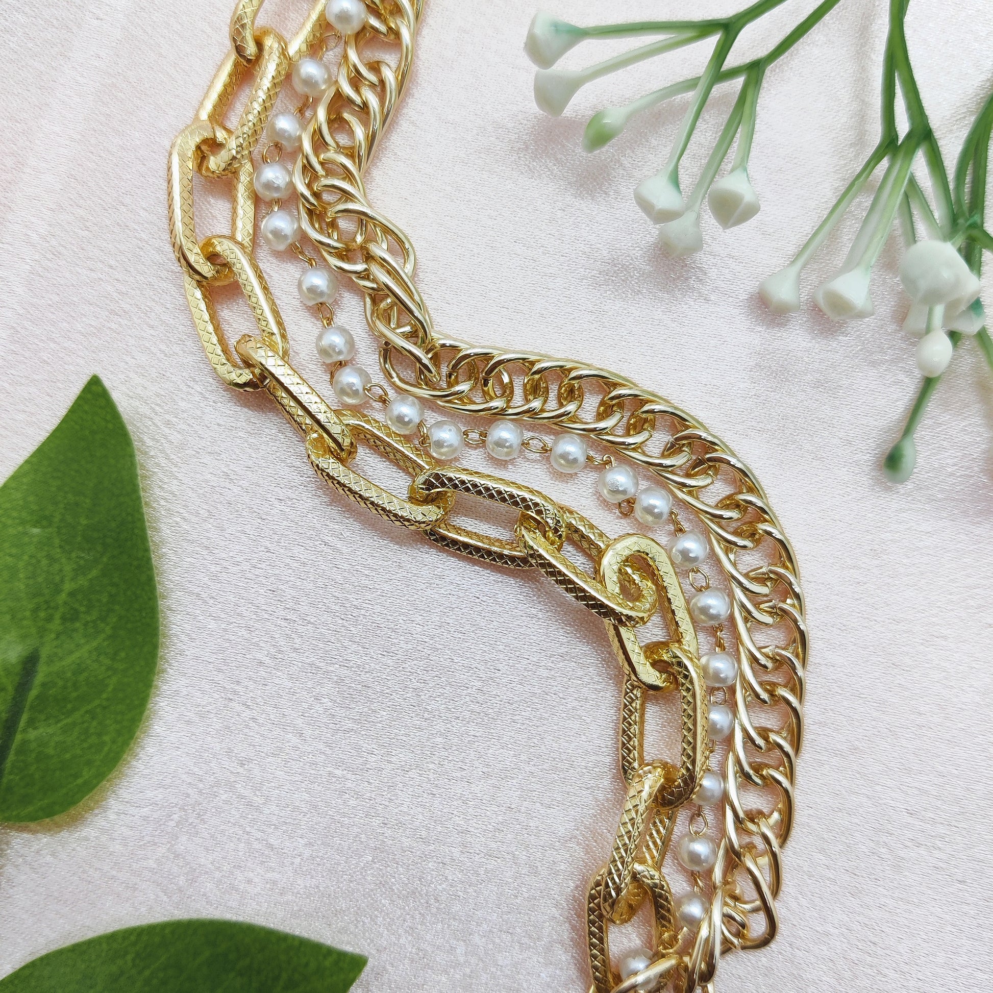 Chunky Triple Layered Pearl Link Golden Chain Bracelet
