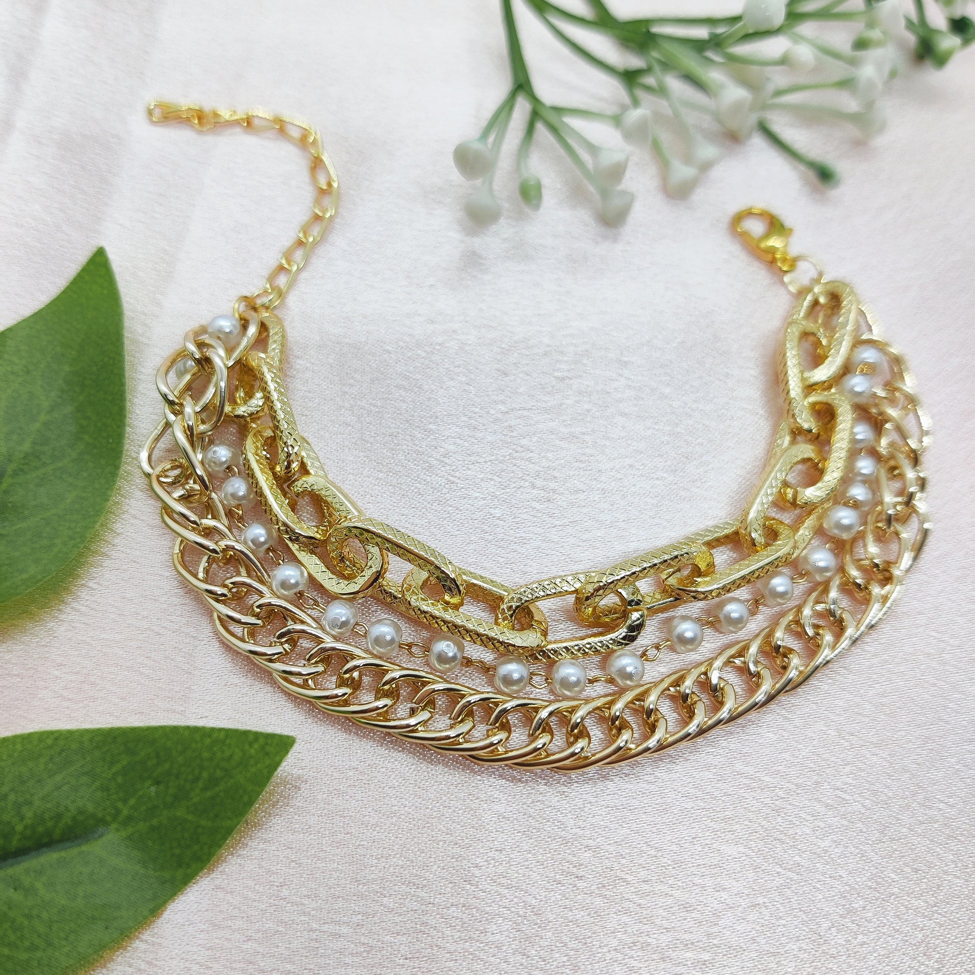 Chunky Triple Layered Pearl Link Golden Chain Bracelet