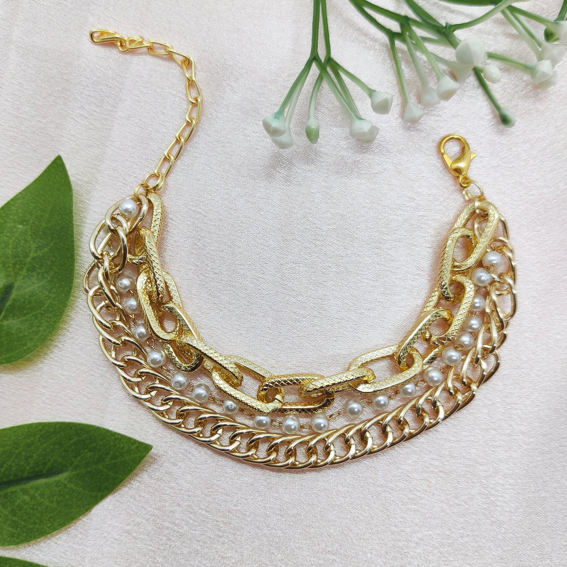 Chunky Triple Layered Pearl Link Golden Chain Bracelet