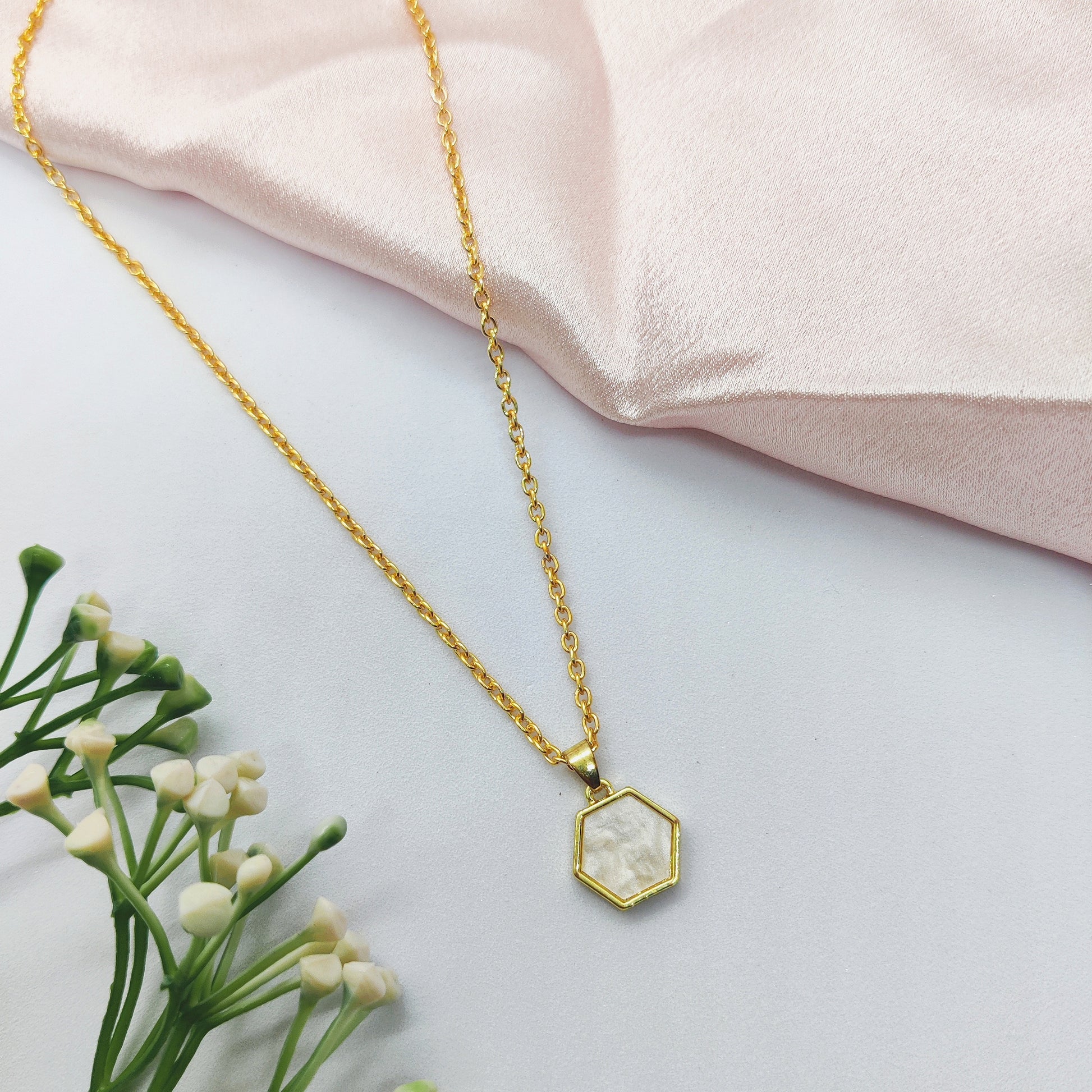 White Hex Golden Charm Necklace