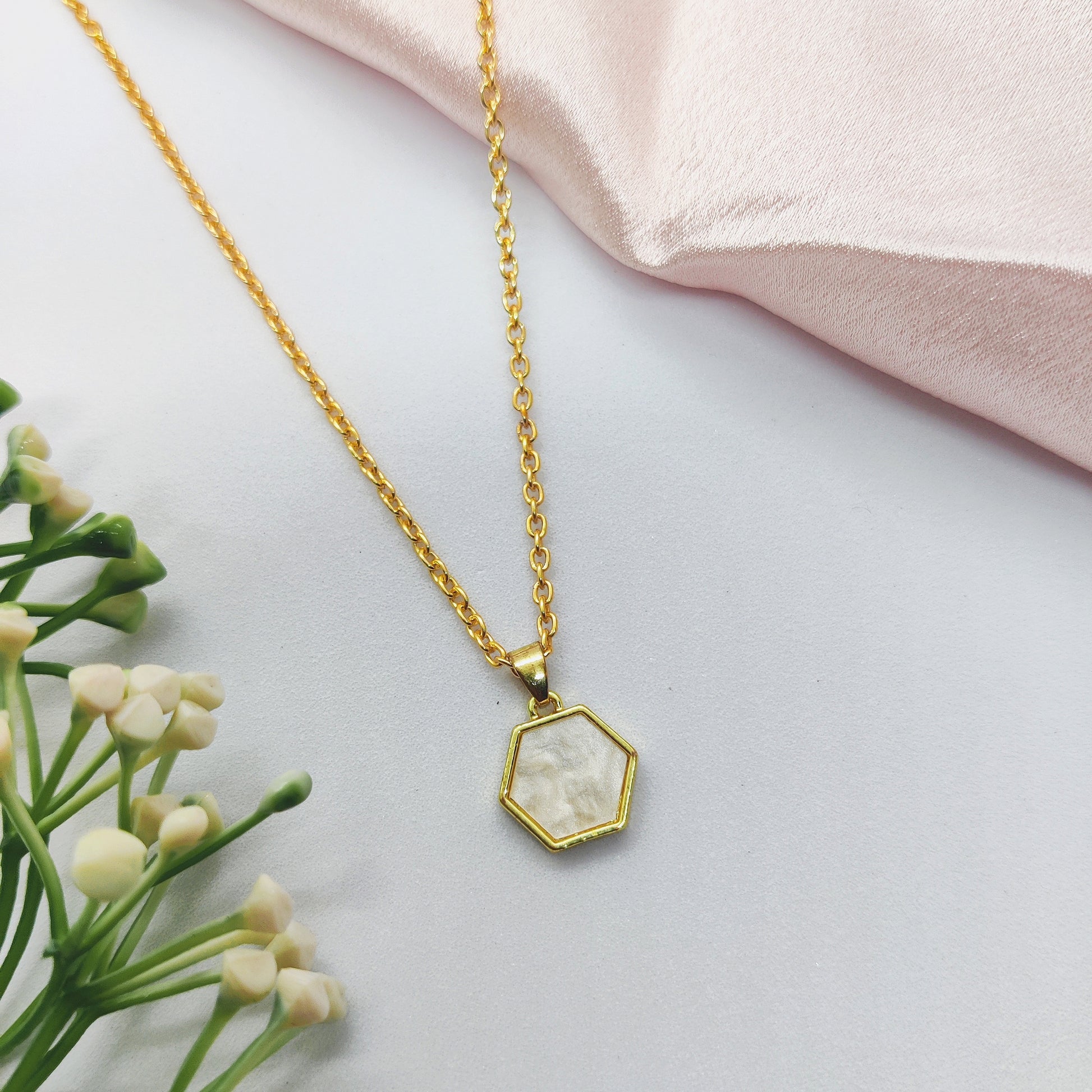 White Hex Golden Charm Necklace
