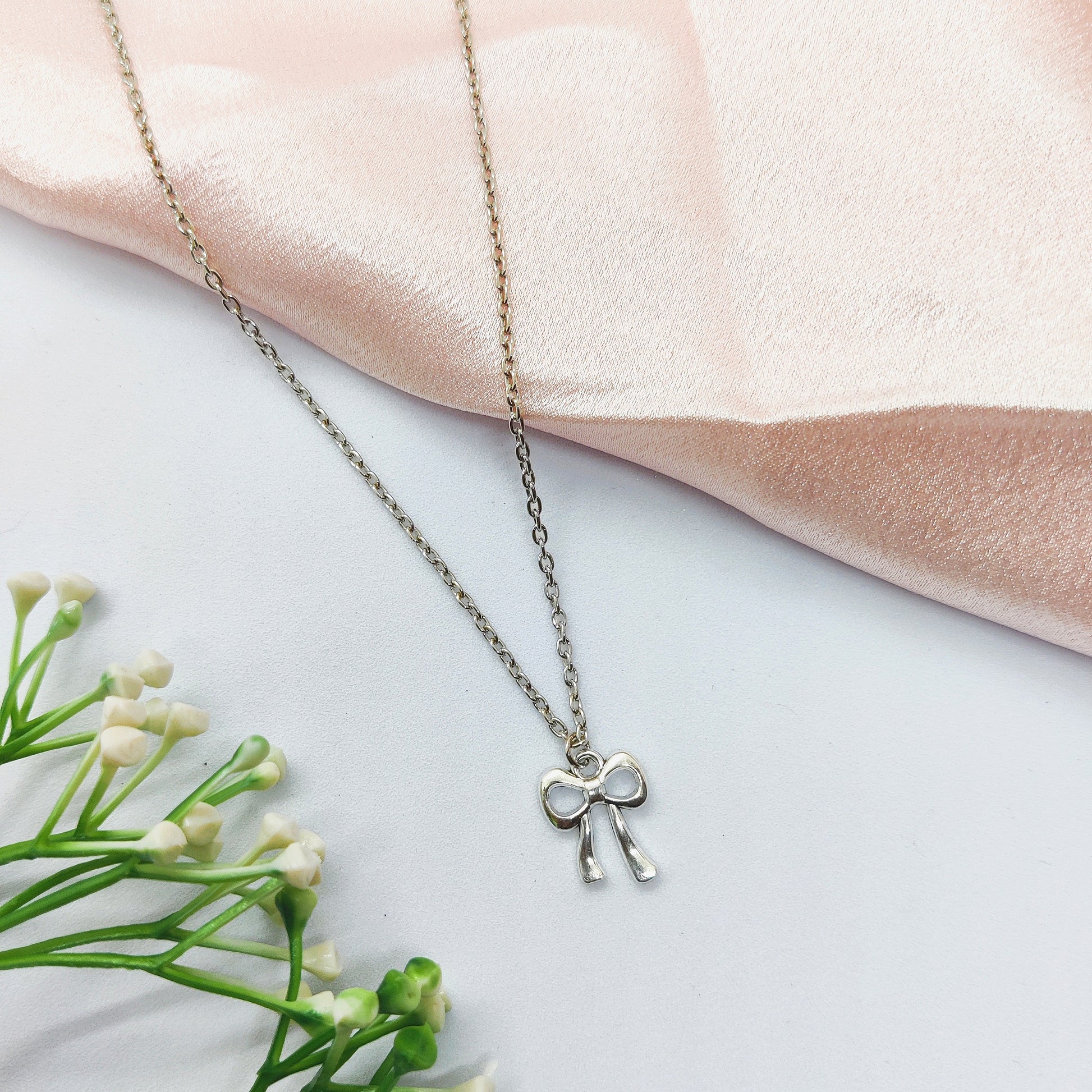 Cute Bow Silver Charm Necklace