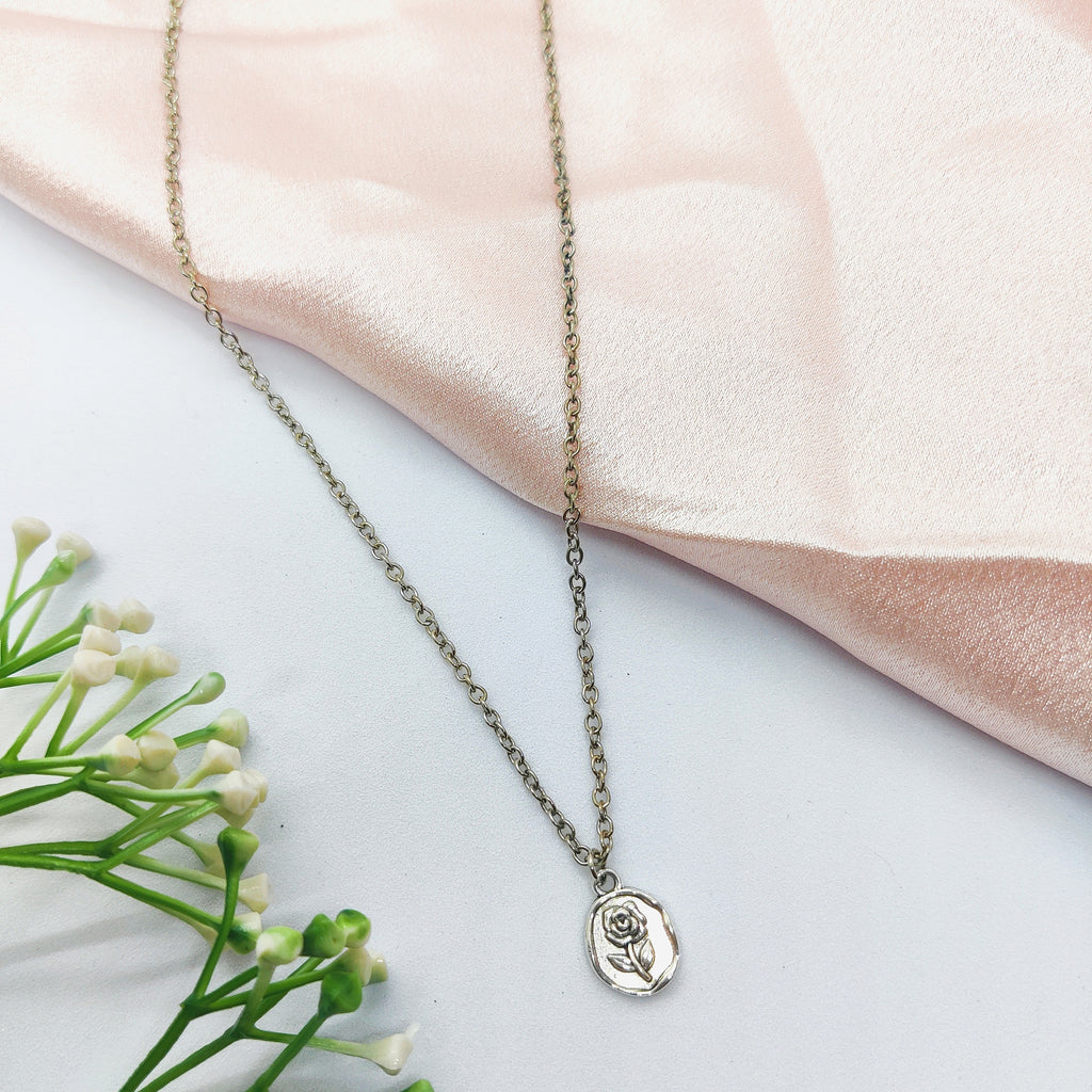Vintage Rose Silver Charm Necklace
