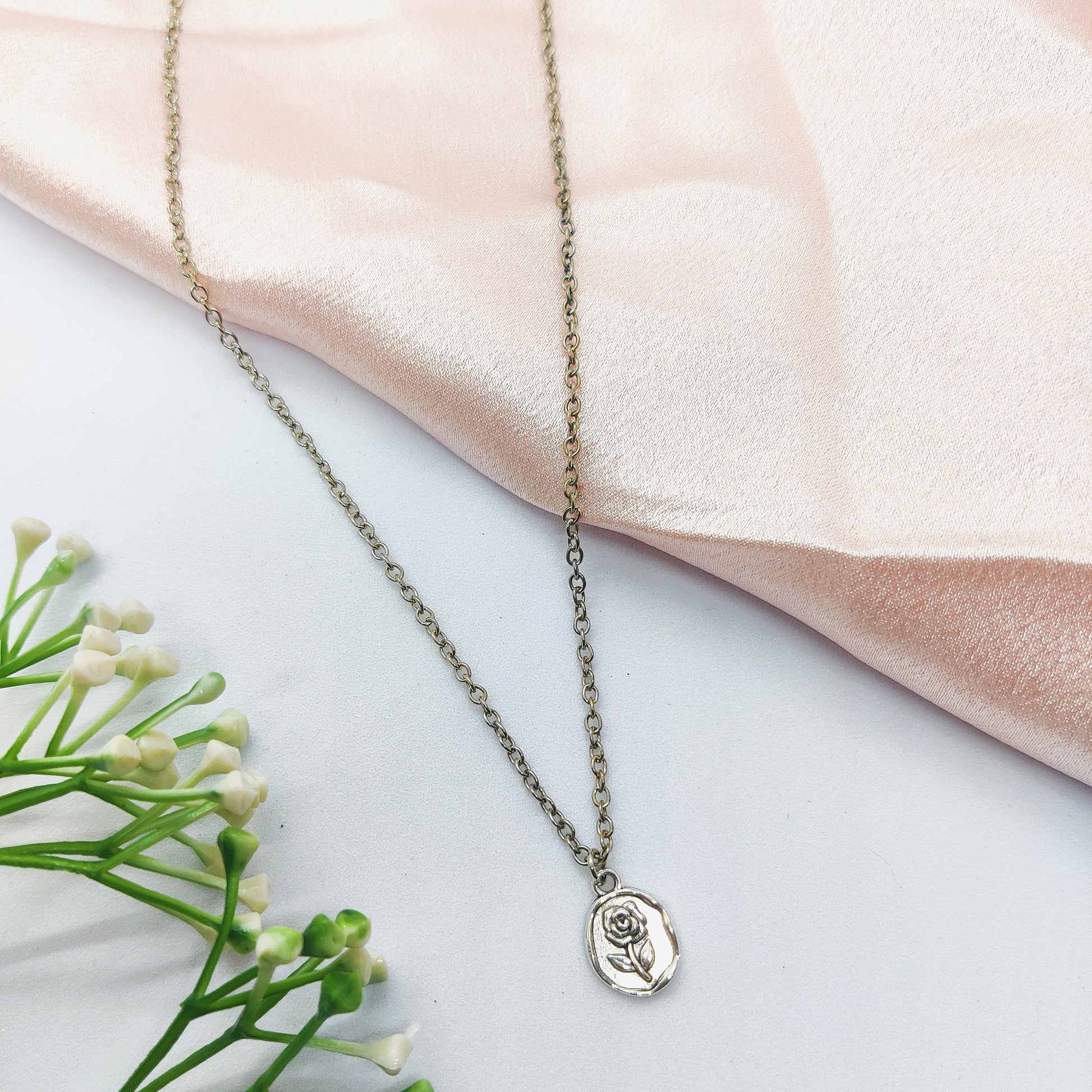 Vintage Rose Silver Charm Necklace