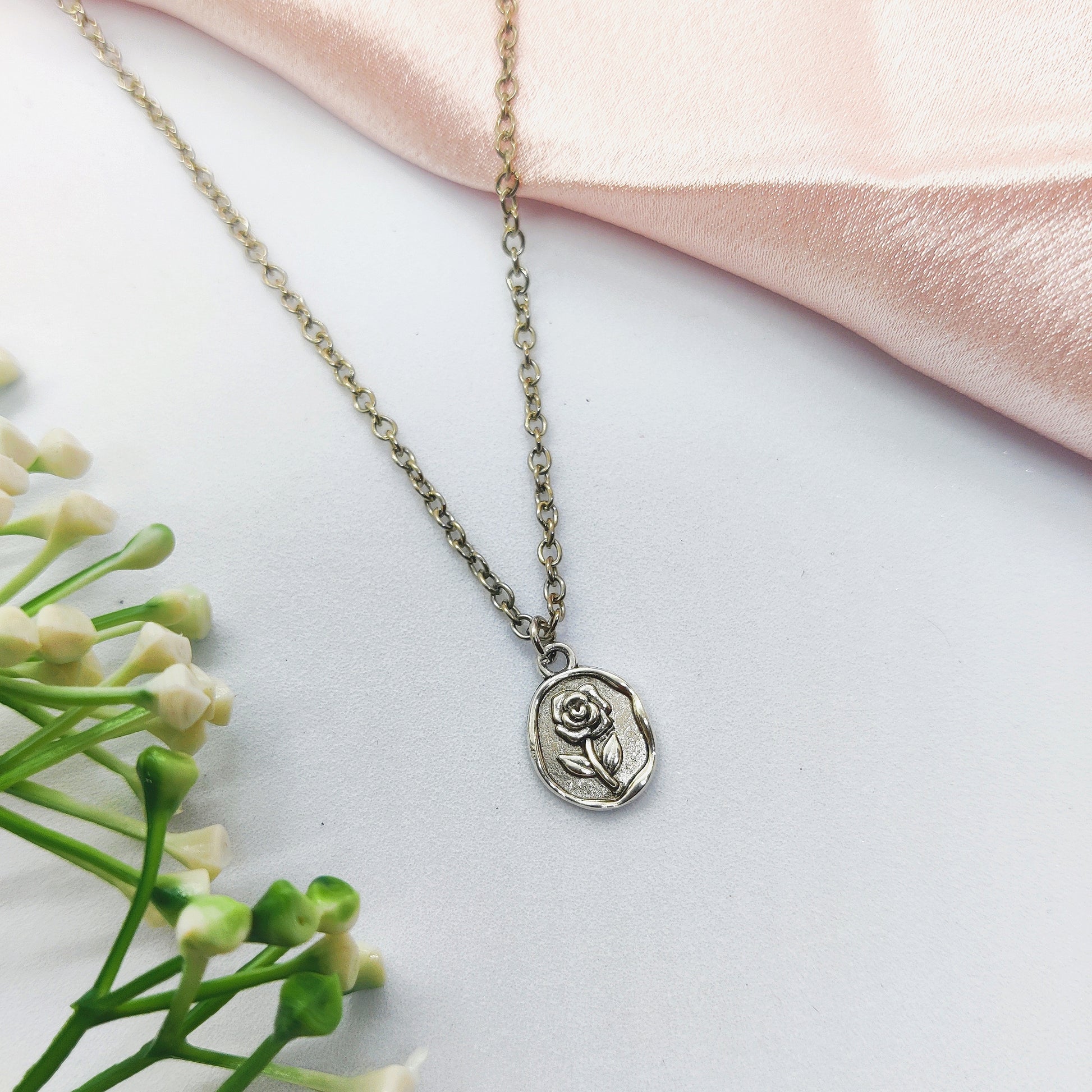 Vintage Rose Silver Charm Necklace