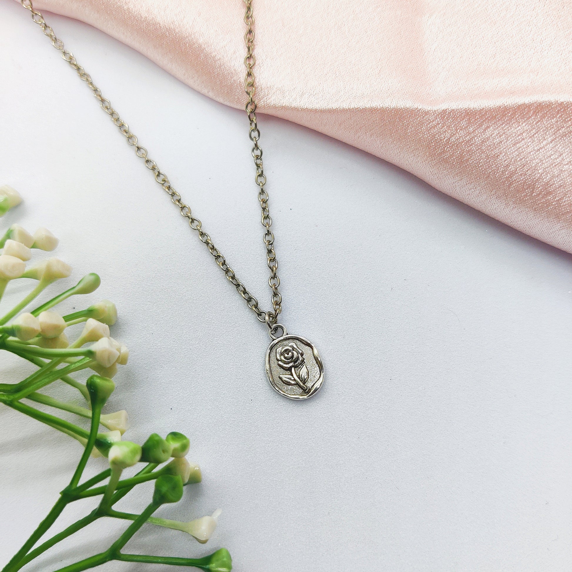 Vintage Rose Silver Charm Necklace